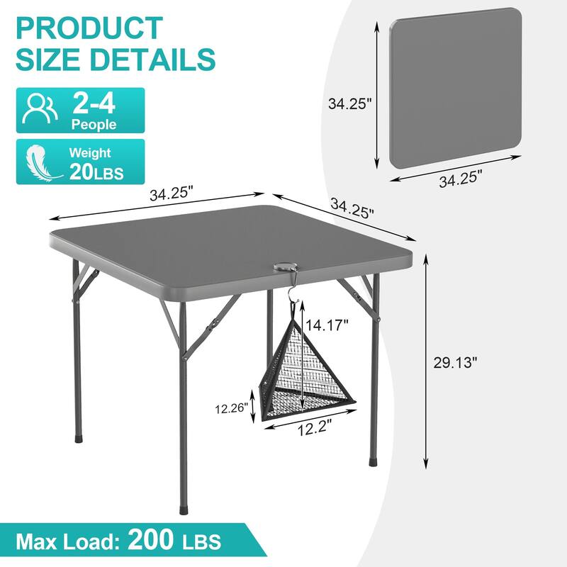 34" Folding Square Table Portable Plastic Dining Card Table for Kitchen or Outdoor Party Wedding Event
