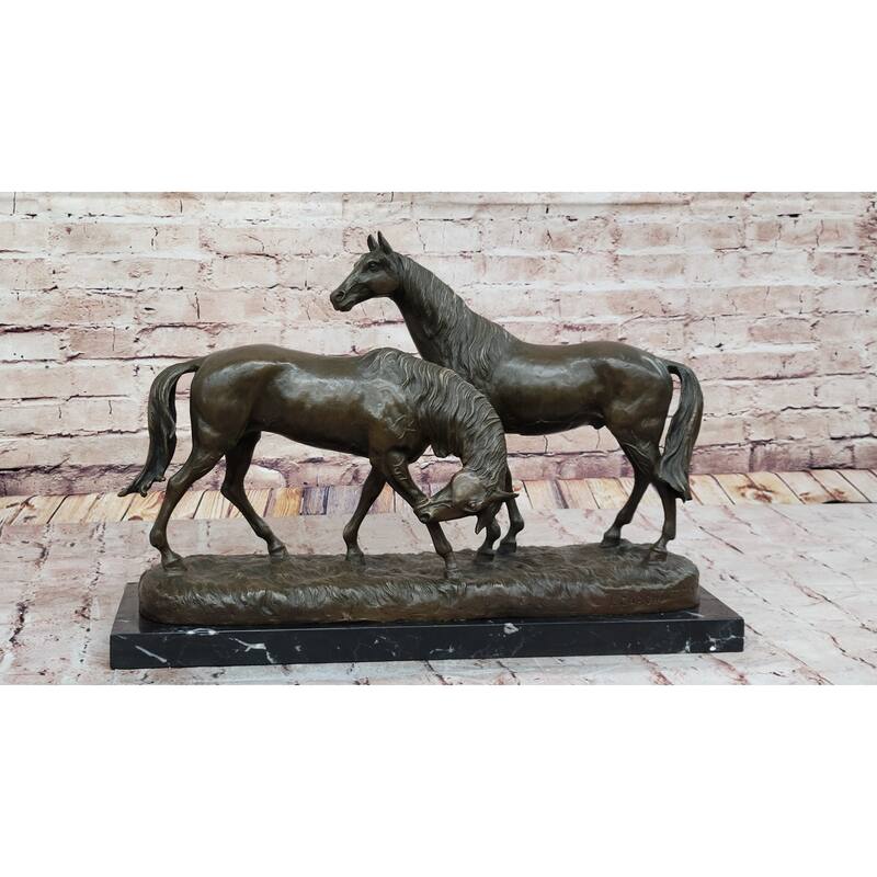 Necking Imitative Horses Equestrian Imitative Horse Lover Bronze Sculpture Statue Art Figure Marble Base
