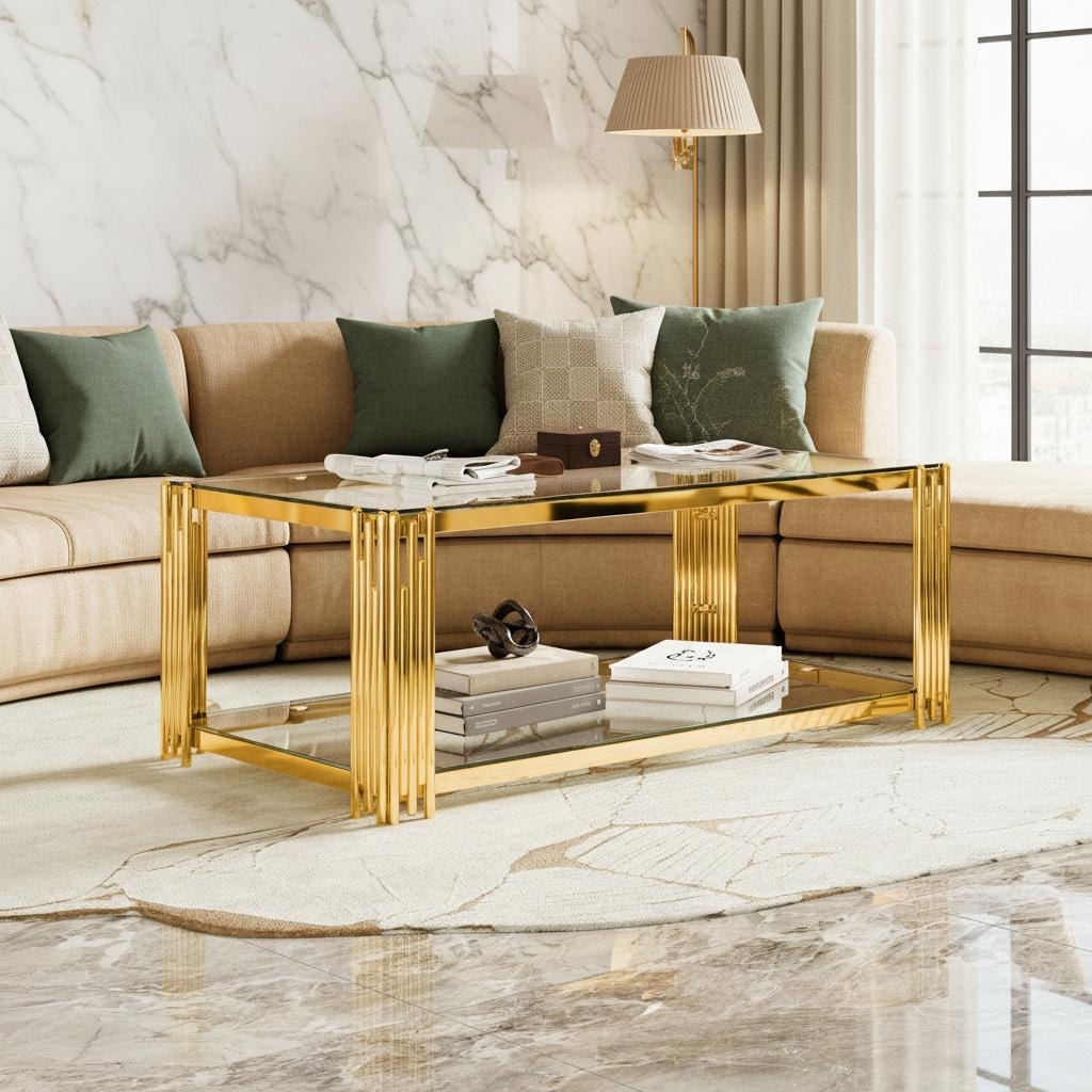 Rectangular Gold & Glass Coffee Table with 2-Tier Shelf by Harper&Bright Designs
