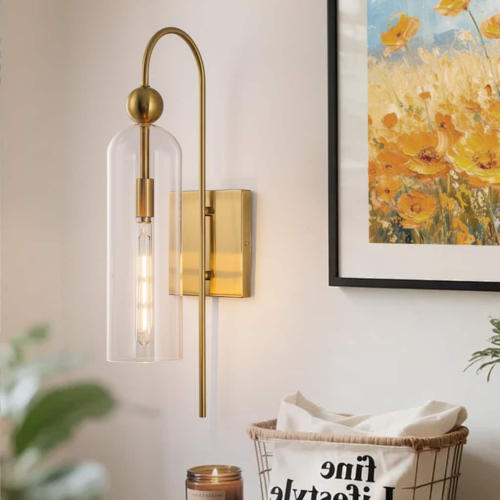 1-Light Brass Wall Sconce with Clear Cylindrical Glass Shade - 4.7" W × 7.9" D × 20.9" H