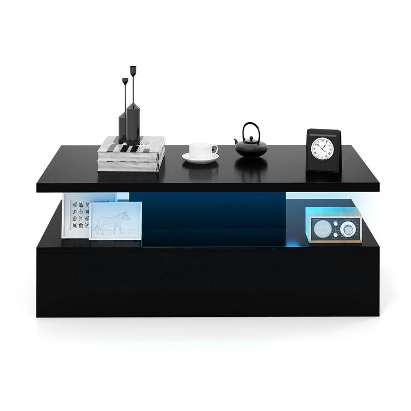 Gymax LED Coffee Table 2-Tier High Glossy with Adjustable Light &