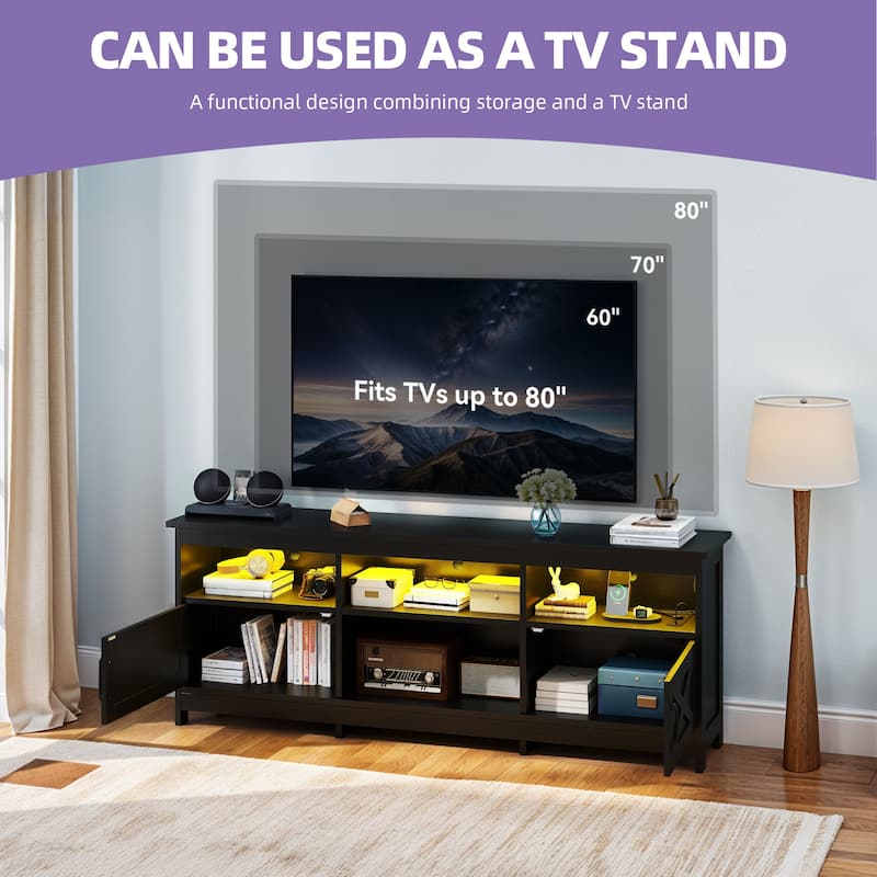 Moasis Farmhouse 70"W TV Stand with LED Lights, Outlets