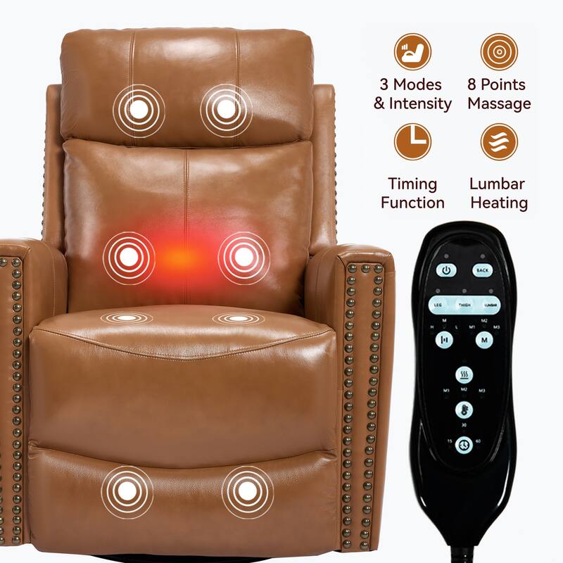 One Piece Genuine Leather Recliner Chair with Massage Heat Rocker and Swivel