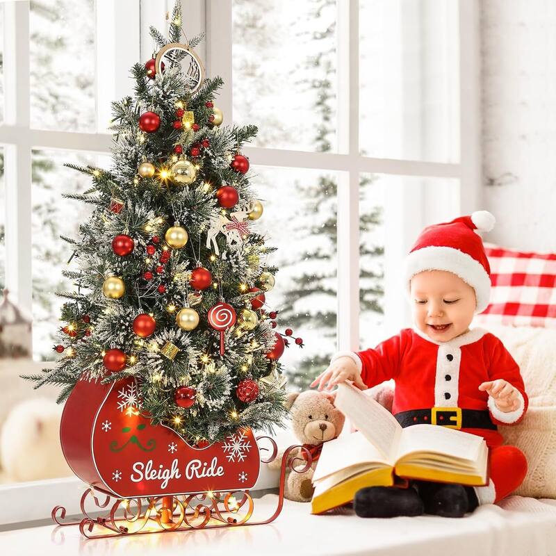 3Ft Snow Flocked Artificial Christmas Tree with Sleigh Base - N/A