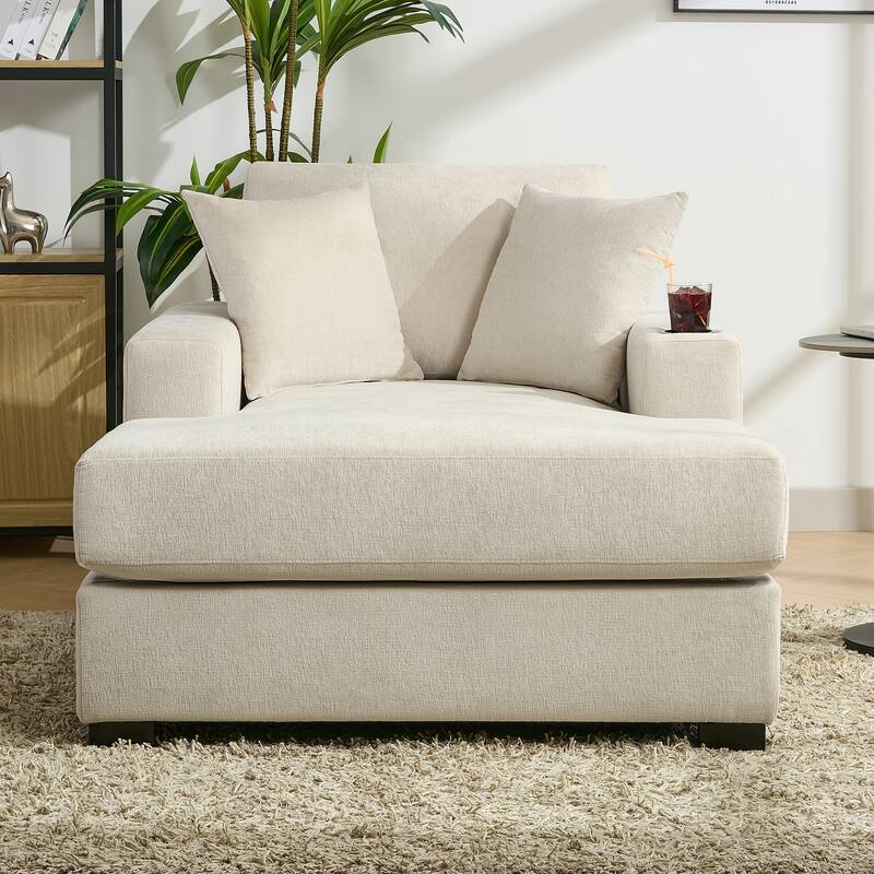 Chenille Fabric Oversized Chaise Lounger, 39.7''/43.5''/55'' Chair Bed Sofa Couch with Pillows, Charge Station & Cup Holders