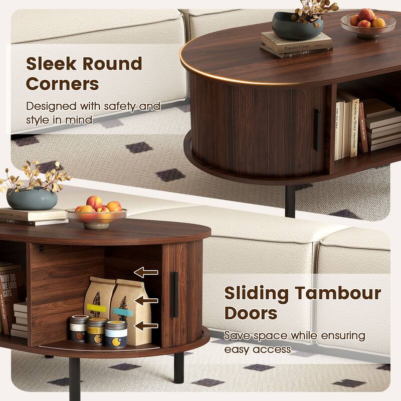 Walnut Modern Oval Coffee Table with Sliding Tambour Doors and Storage Compartment Metal Legs - 35.5" x 22" x 17.5"