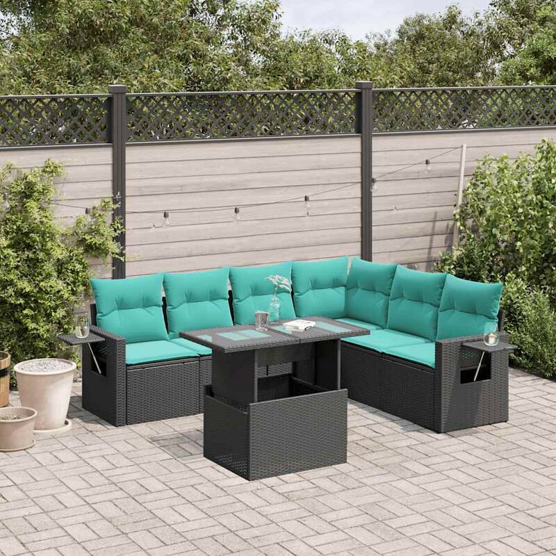vidaXL 7 Piece Patio Sofa Set with Cushions Black/Brown/Gray Poly Rattan - 24.4 x 24.4 x 27.2 - Black without storage
