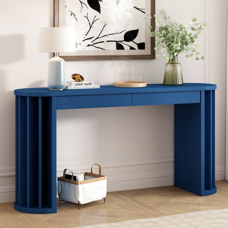 59 Inch Extra Long Entryway Sofa Table, Vintage OAK Veneer Console Table with 2 Storage Drawers and Fan Shaped Legs