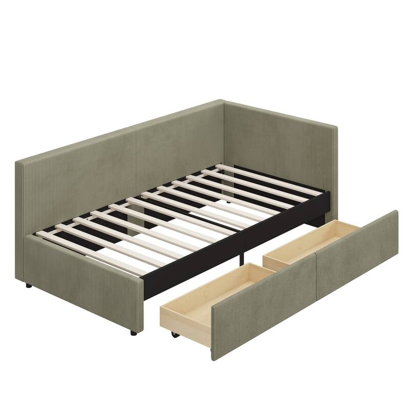 Twin Size L Shape Corner Bed, Corduroy Upholstered Daybed with Two Storage Drawers and Vertical Striped Design