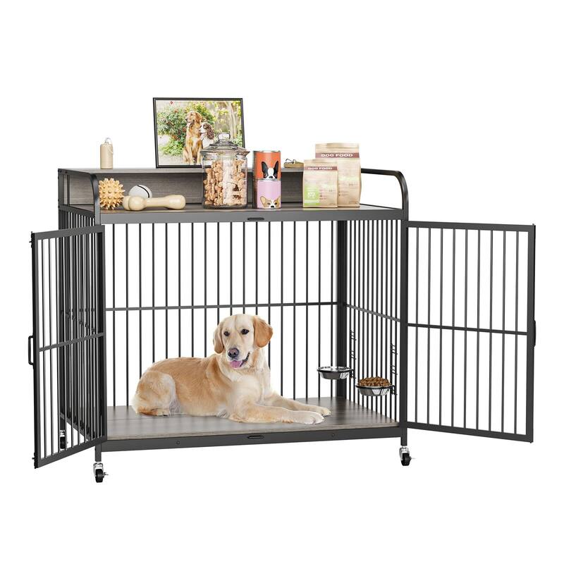 Large Wooden Dog Crate Furniture End Table Heavy Duty Dog Kennel Indoor - medium size - Grey