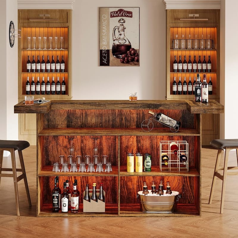 4-Tier Wooden Bar Table, 70.9" Large Home Bar Unit with Storage Shelves for Home, Patio, Basement