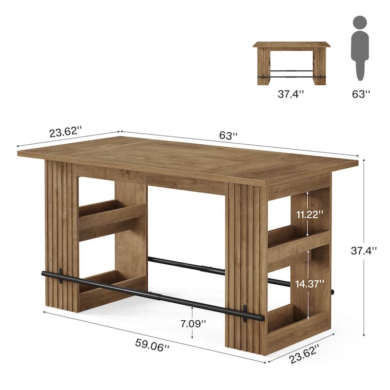 63 Inch Bar Table with Footrest, Bar Height Pub Table, Industrial High Top Kitchen & Dining Counter Tables with Storage Shelves