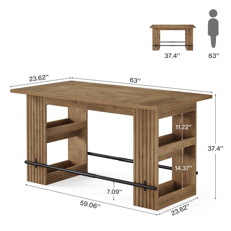 63 Inch Bar Table with Storage Shelves, Counter Height Pub Dining Table with Footrest - 62.99" L x 31.5" W x 37.4" H