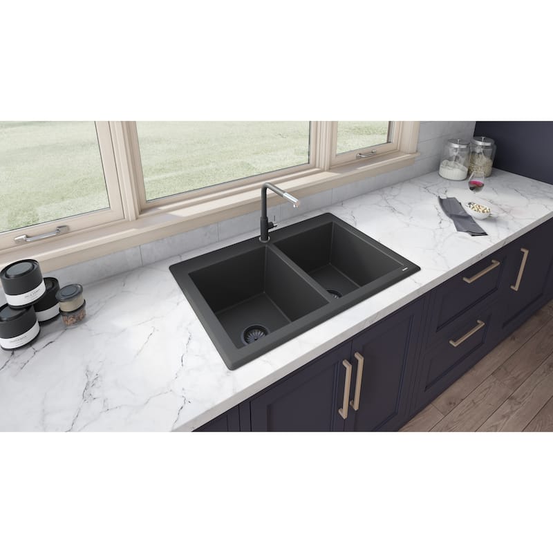 Ruvati 33 x 22 inch epiGranite Topmount Granite Composite Double Bowl Kitchen Sink - Midnight Black - RVG1388BK