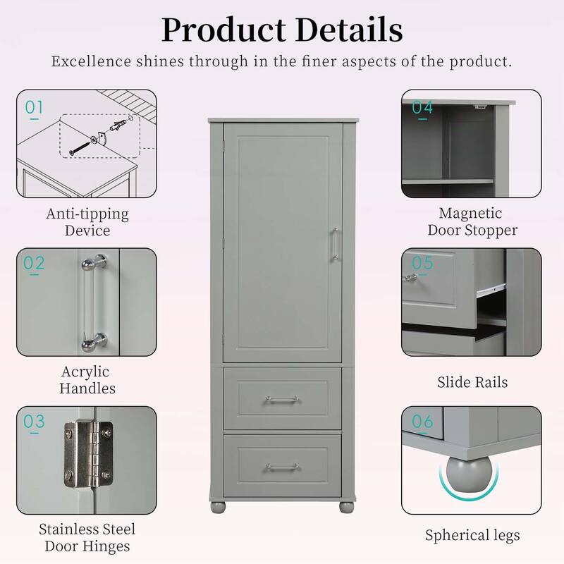Tall Bathroom Storage Cabinet with Two Drawers and Adjustable Shelf