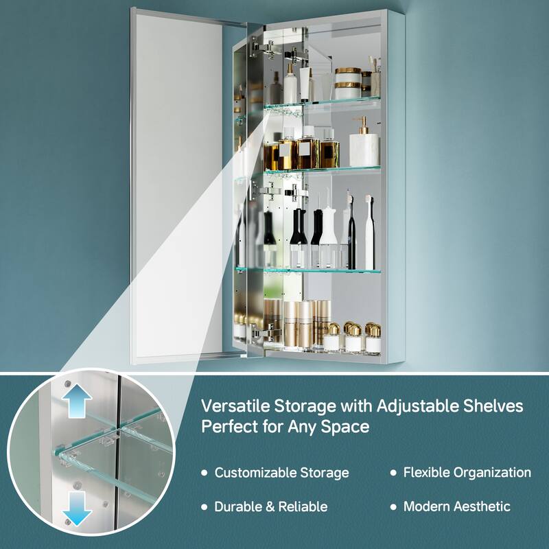 16x36" Tri-View Mirrored Medicine Cabinet with Soft-Close Blum Hinges, Reversible Door, Recessed/Surface Mount, Aluminum Body