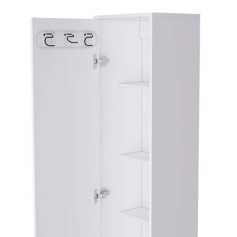 Tall Single Door Storage Cabinet with 3 Broom Hangers - Slim Organizer with Shelves for Cleaning Supplies