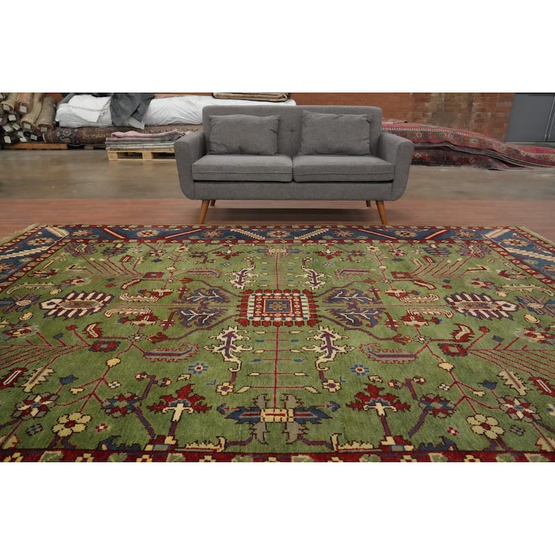 Hand Knotted Oriental 100% Wool Carpet Transitional All-Over Green Oushak Area Rug - 11' 9'' X 8' 11''