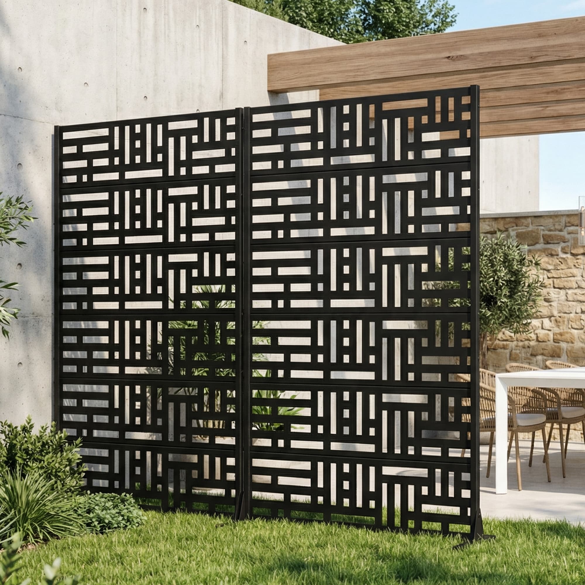 Privacy Metal Screen Fence Panel Horizontal Stripe Pattern Set of 2 - 72"x47"