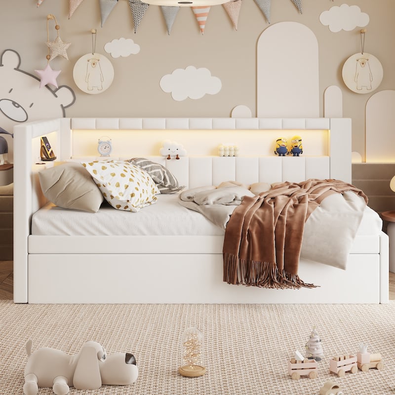 Twin Size Upholstered Platform Bed with USB Ports, LED Lighting, and Trundle, White