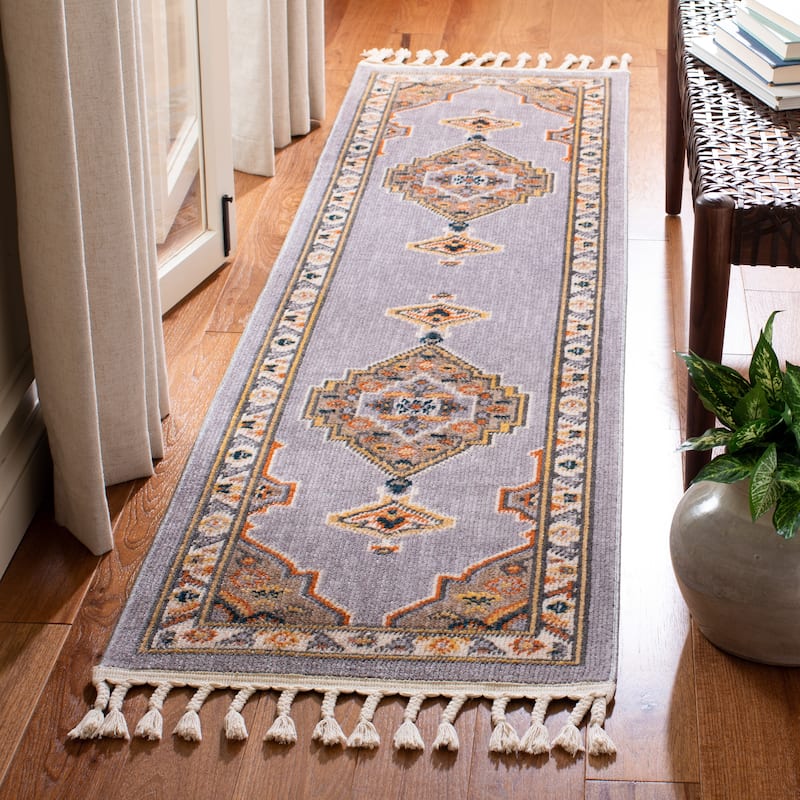 SAFAVIEH Farmhouse Rozana Boho Tribal Polyester Rug - 2'1" x 8' Runner - Grey/Orange