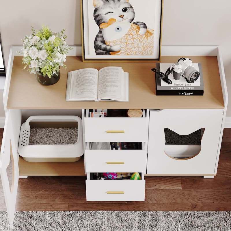 Moasis Cat Litter Box Enclosure Storage Cabinet with Double Room And Drawers For 2 Cats