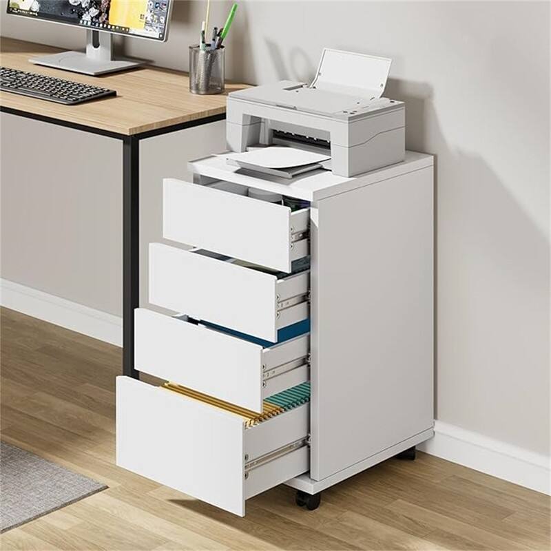 Cabinet, 4-Drawer Filing Cabinet with Wheels - 15.3"D x 12.9"W x 25"H - Wood Finish - White