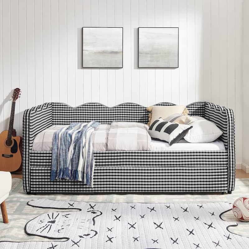 Full Size Gingham Daybed with Twin Trundle, USB Port, Wave Shaped Design & Linen Fabric - No Box Spring Needed