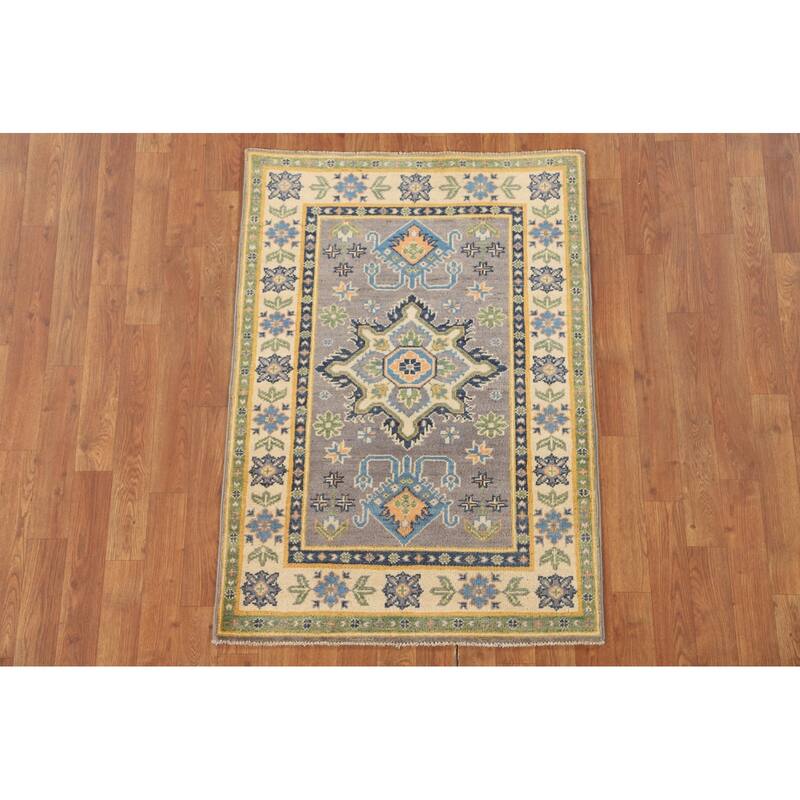 Gray Geometric Kazak Oriental Accent Rug Handmade Wool Carpet - 2'9" x 3'10"