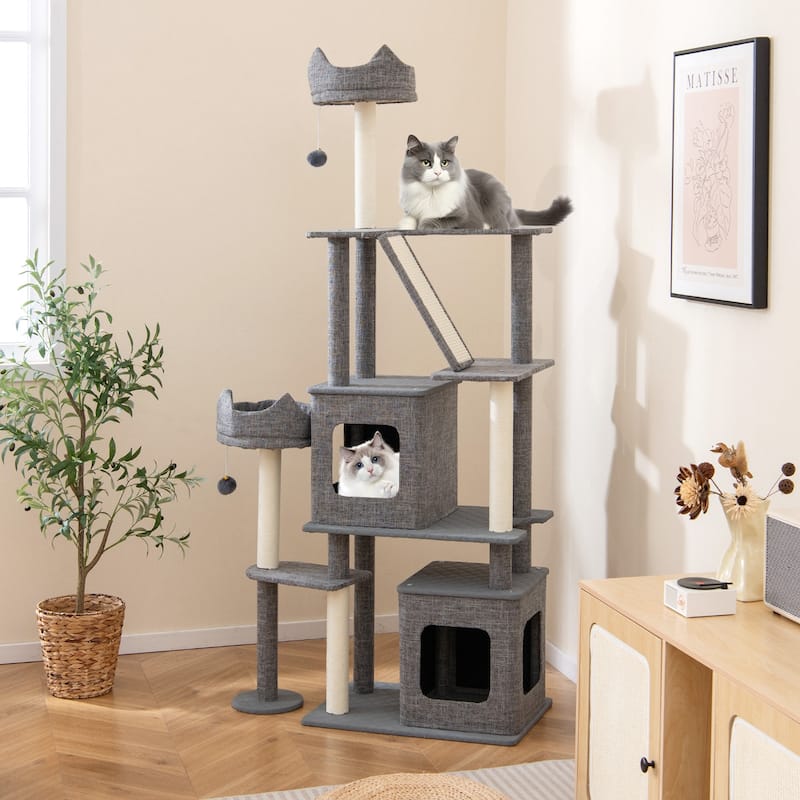 Engineered Board Cat Tree with Sisal Posts, Plush Condos and Anti-Topple Design - 34" L x 16" W x 71" H