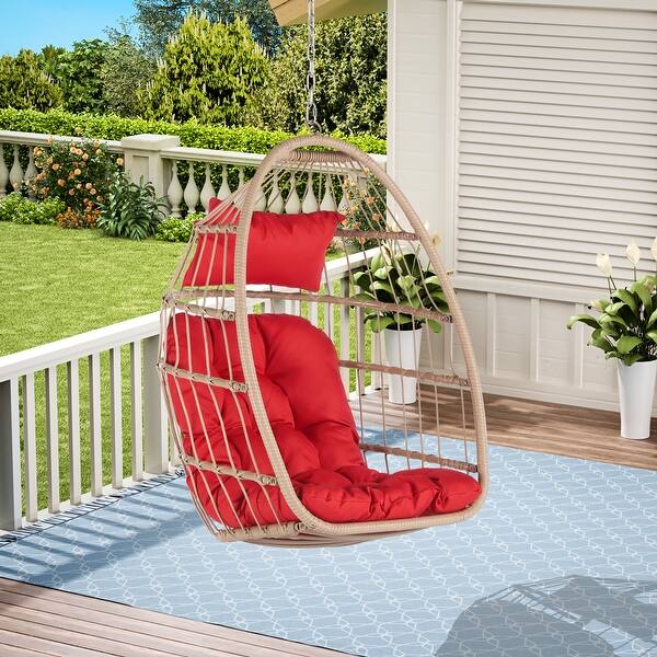 slide 2 of 10, Outdoor Garden Rattan Egg Swing Chair Hanging Chair Wood Brown Red