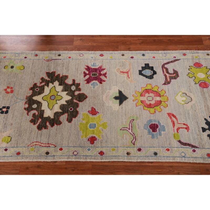 Hand Knotted Oriental 100% Wool Carpet Transitional All-Over Beige & Ivories Oushak Runner Rug - 9' 11'' X 2' 9''