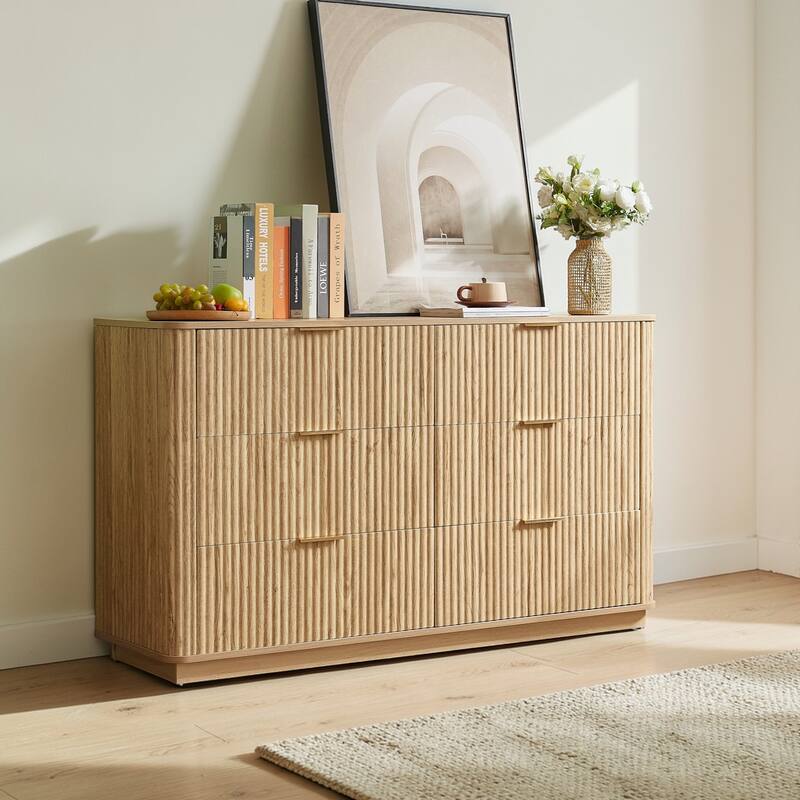 Modern 6 Drawer Dresser with Wave Front Design, Wide Storage Chest and TV Stand, 55" Wooden Organizer Cabinet