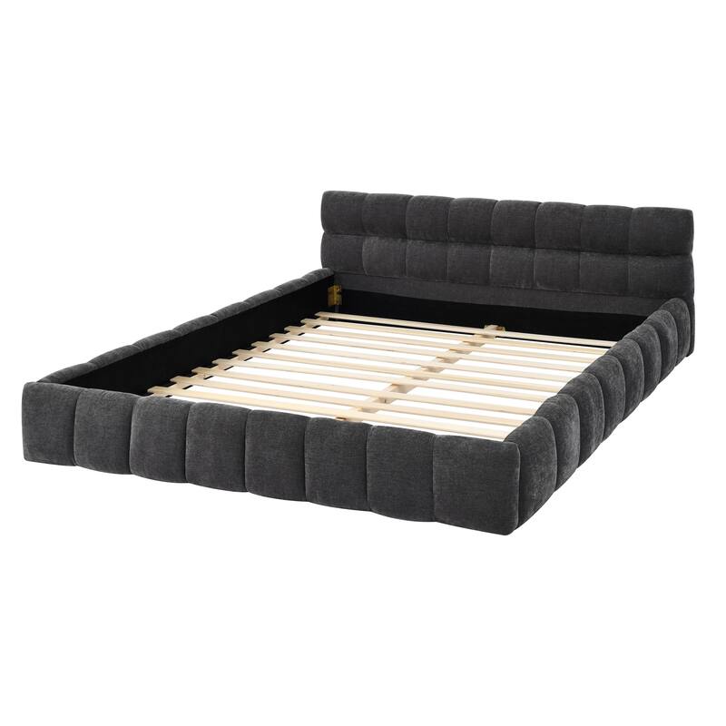 Grounded Bed Queen Size Platform Bed Thick Chenille Fabric Upholstered Bed with Wood Slats Support Bed Frame for Bedroom