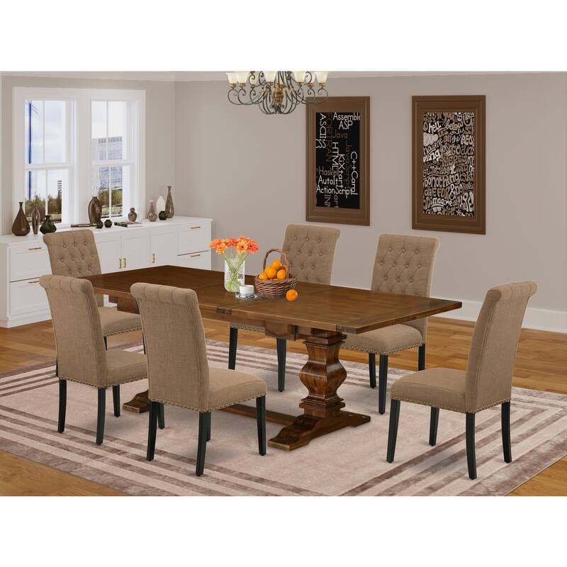 7-Piece Dining Room Set - Antique Walnut Table & Linen Fabric Chairs - 92