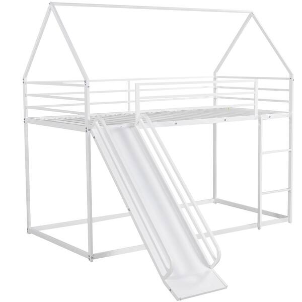 slide 2 of 9, Twin Over Twin Metal Bunk Bed with Slide & Ladder, Metal Playhouse Bunkbeds Twin Size for Kids Girls Boys, No Box Spring Needed White - Twin