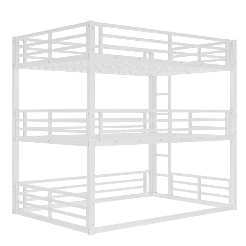 Roomfitters Twin/Full/Queen Metal Triple Bunk Bed with Safety Guardrails, Heavy-Duty Noise-Reduced Frame, White
