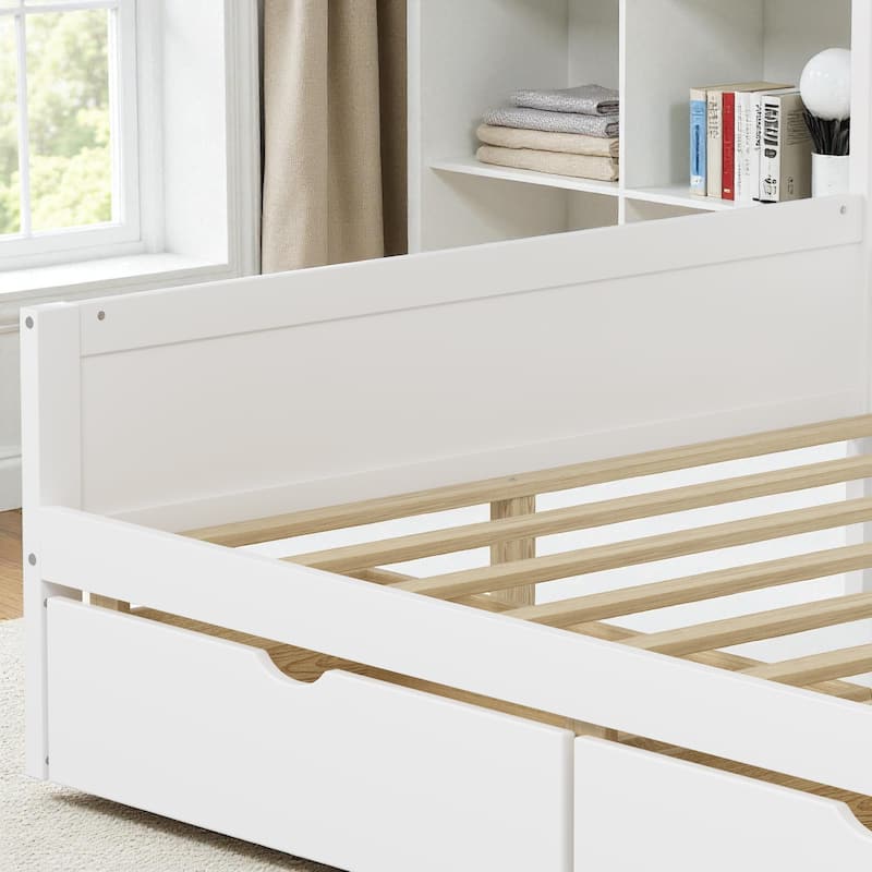 Wooden L-Shaped Daybed with Study Desk, Bookshelf, 7 Storage Cabinets and 2 Drawers, Multi-Functional Space-Saving Bed