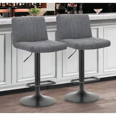 Set of Two Gray And Black Fabric And Metal Low Back Adjustable Height Bar Chairs