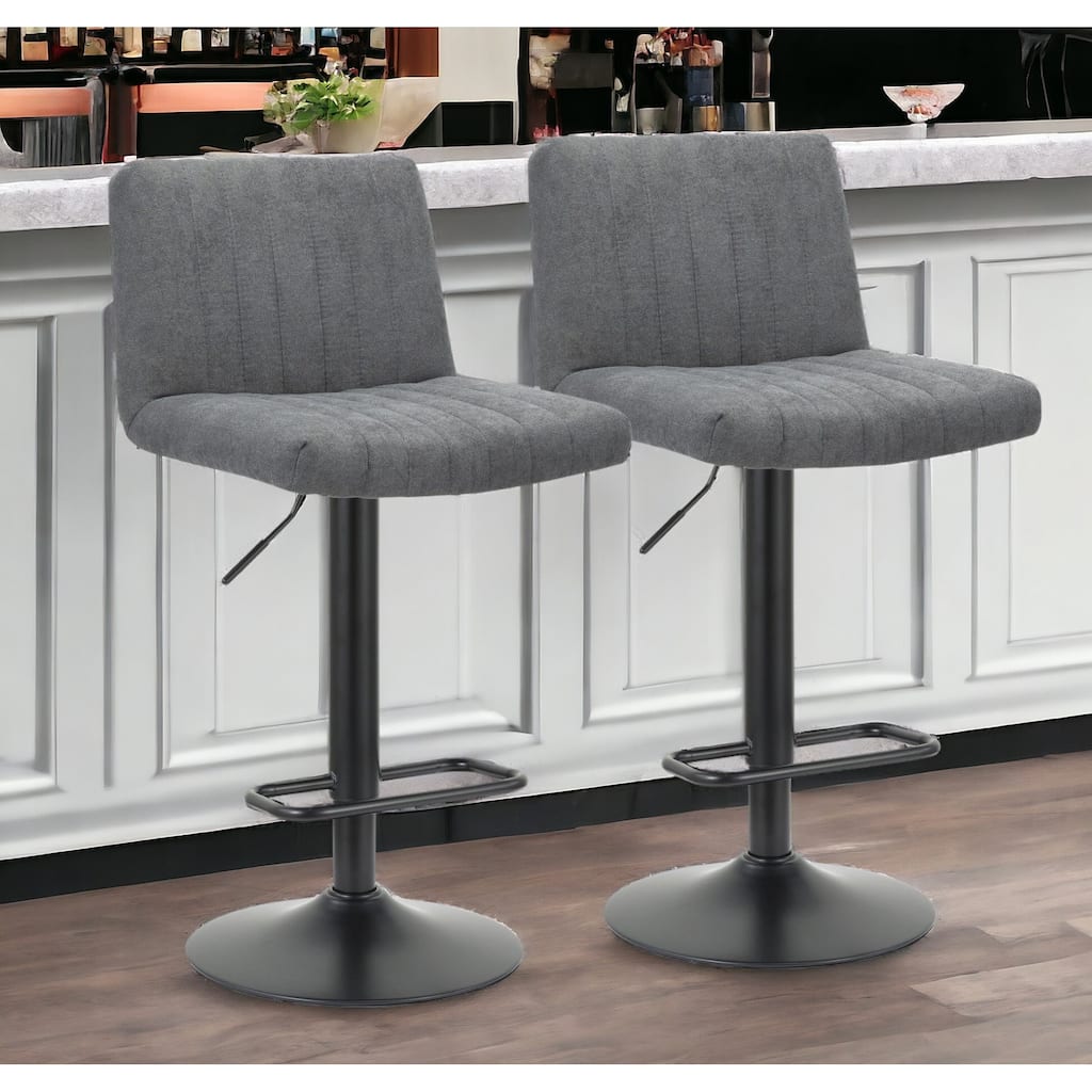 Set of Two Gray And Black Fabric And Metal Low Back Adjustable Height Bar Chairs
