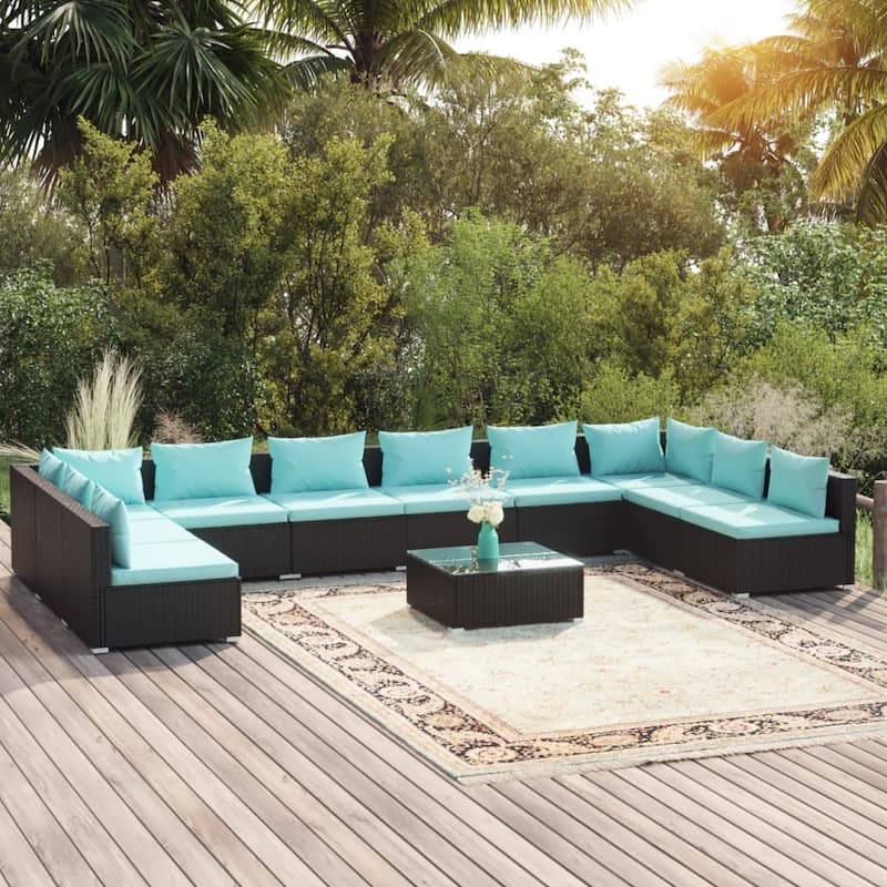 vidaXL Patio Lounge Set Outdoor Sectional Sofa Set Table Garden Poly Rattan - 27.6" x 27.6" x 23.8" - Black/Water blue 12 x Back pillow