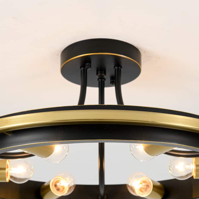 6-Light 21.7" W Industrial Mette Black & Gold Wagon-wheel Circle Ring Semi-Flush Mount Ceiling Light for Living Room, Kitchen