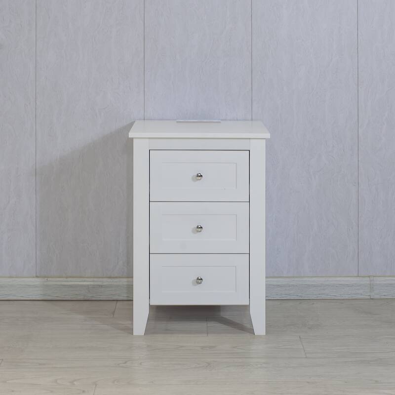 White 3 Drawer Nightstand with Charging Station and USB Ports & Power Outlets