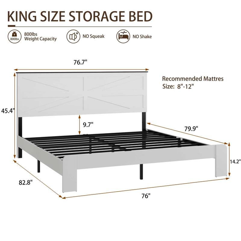 White Wood Platform Bed Frame with Headboard, Noise Free, No Box Spring Needed, Easy Assembly, Large Under Bed Storage