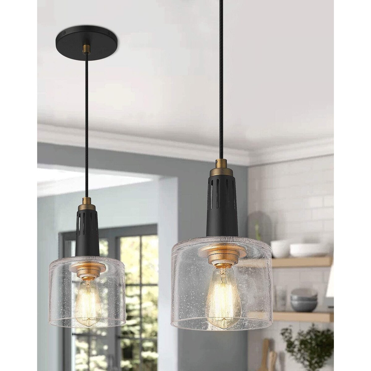 Mini bell pendant light with black finish and seeded glass