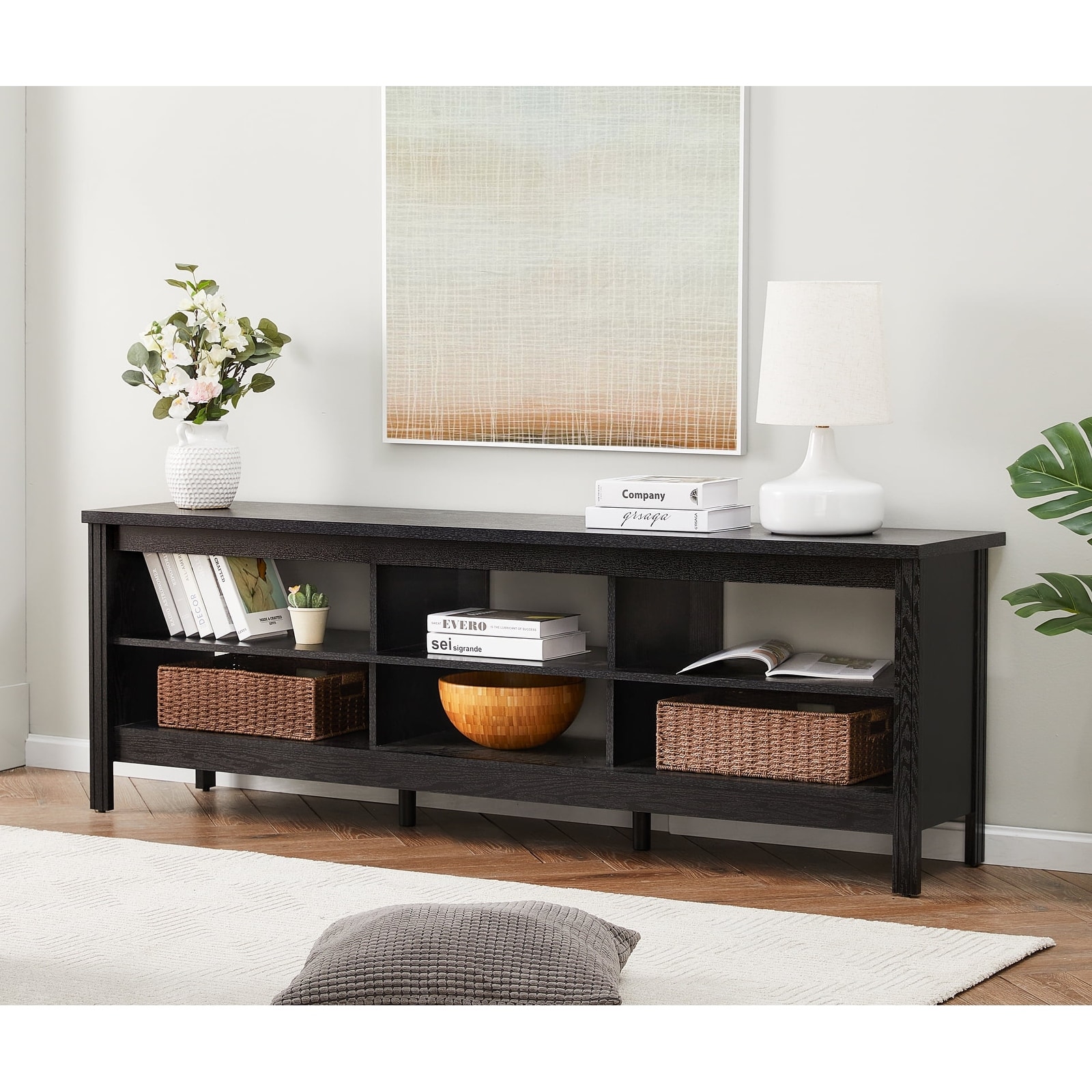 70-inch Farmhouse TV Stand with 6 Open Shelves, Entertainment Center for Living Room