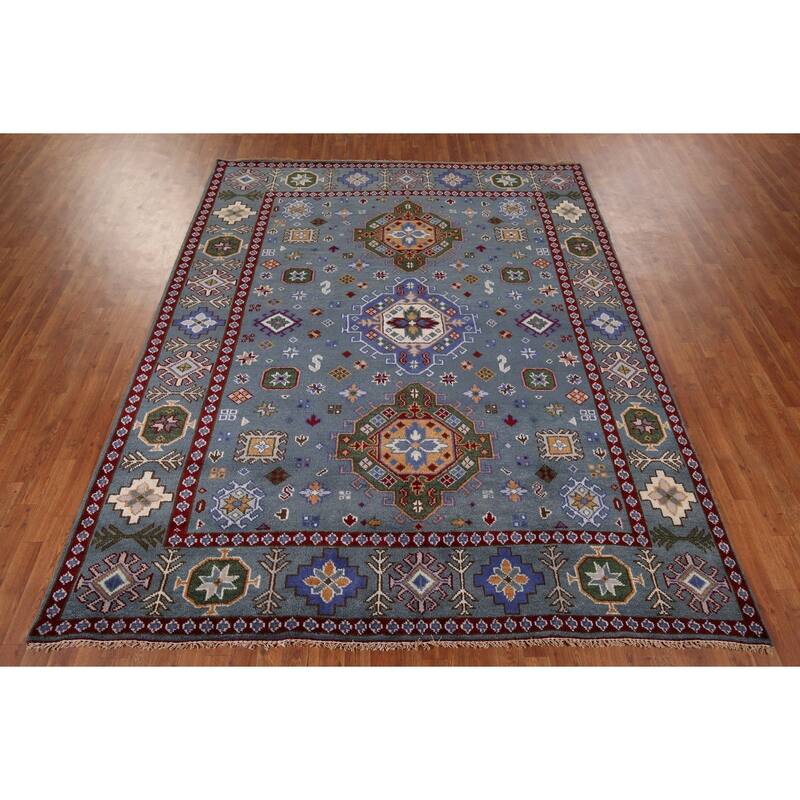 Blue Kazak Rug Hand-Knotted Wool Carpet - 8'0" x 9'11"