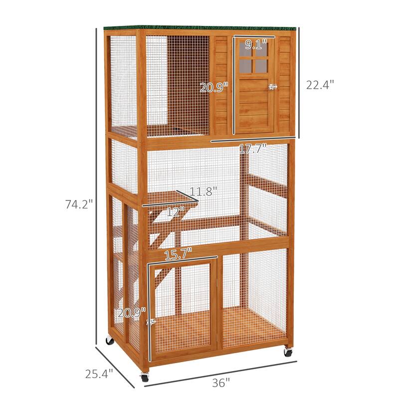 PawHut 74" Wooden Outdoor Cat House Catio Outdoor Cat Enclosure, Light Gray