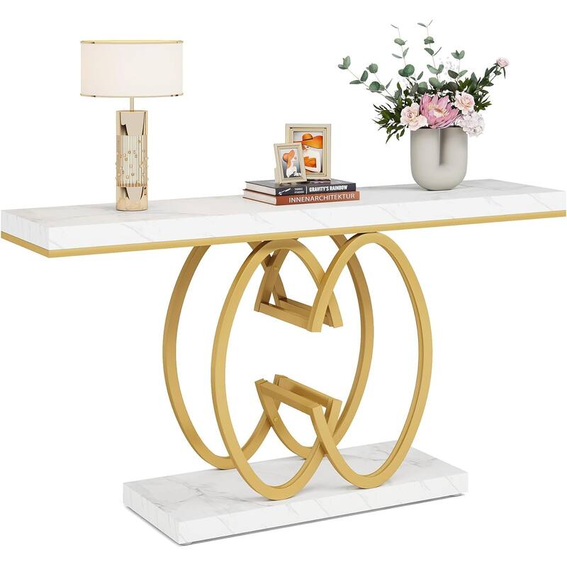55" Faux Marble Console Table, Gold Geometric Entryway Table, Modern Narrow Sofa Accent Table for Living Room, Hallway, Foyer