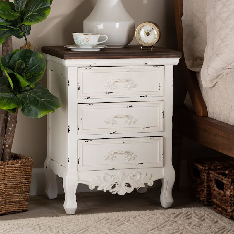 Baxton Studio Levron Classic and Traditional Walnut Brown and Antique White Finished Wood 3-Drawer End Table
